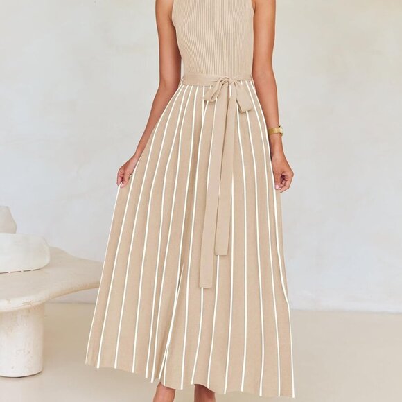 Women's Summer Sleeveless Maxi Dress 2025 Crewneck Ribbed Knit Tie Waist Casual - Picture 2 of 9